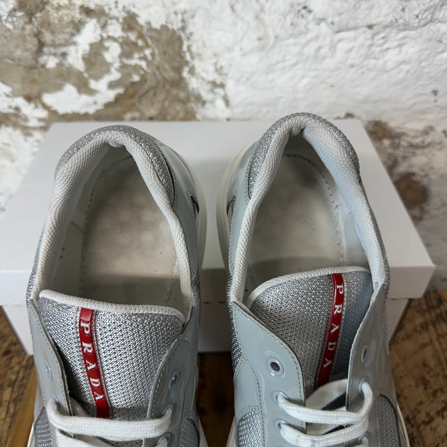 Prada Americas Cup Grey Patent White Sneaker Sz 13