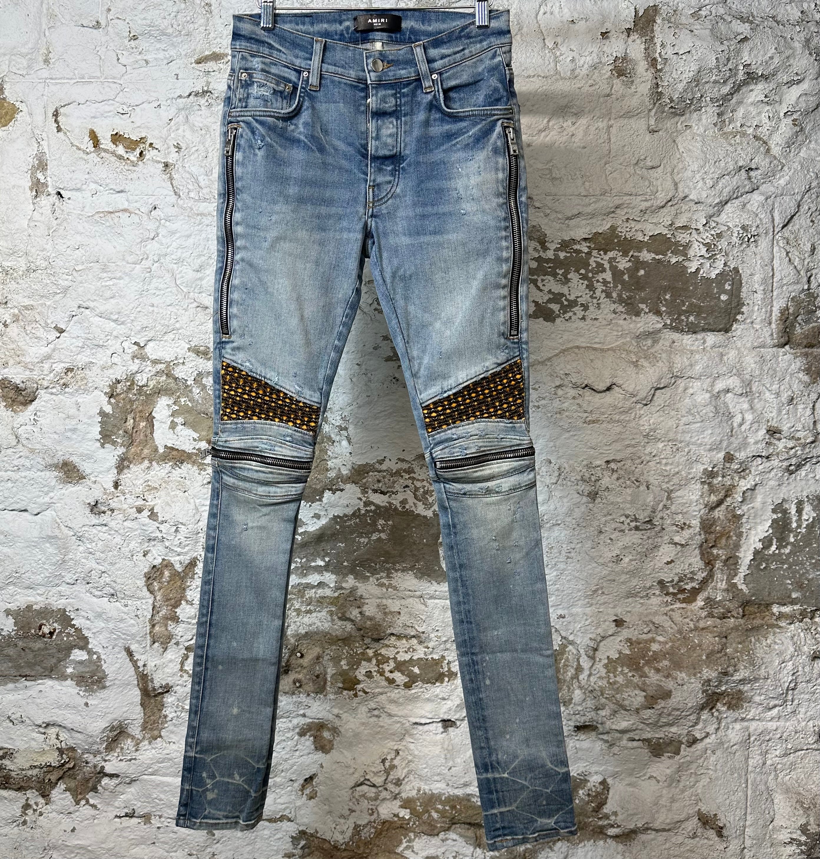 Amiri MX2 Brown Yellow Patch Blue Denim Jeans Sz 28