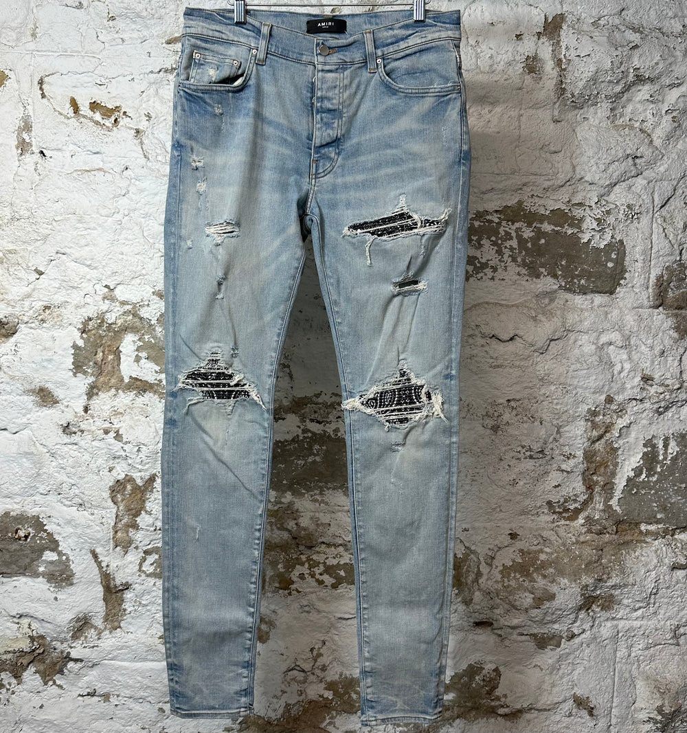 Amiri MX1 Black Paisley Blue Denim Jeans Sz 32