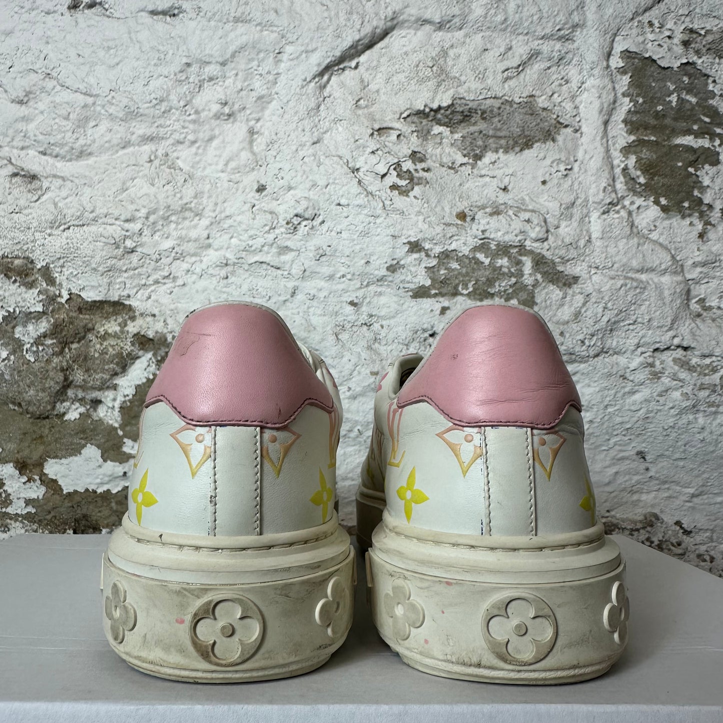 Louis Vuitton Pink Yellow Monongram Time Out White Sneaker Sz 6 (38)