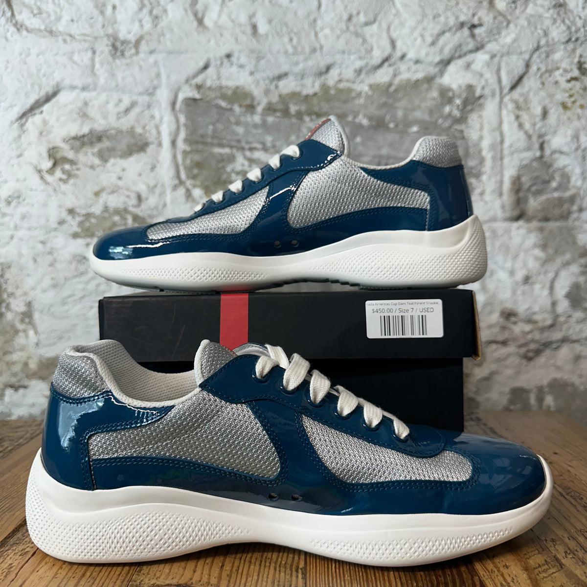 Prada Americas Cup Dark Teal Patent Sneaker Sz 7