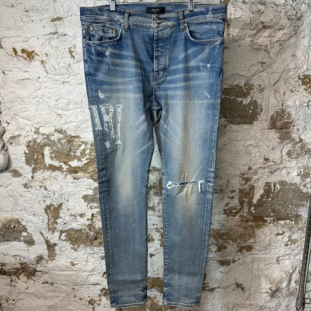 Amiri Distressed Side Spell Blue Denim Jeans Sz 38
