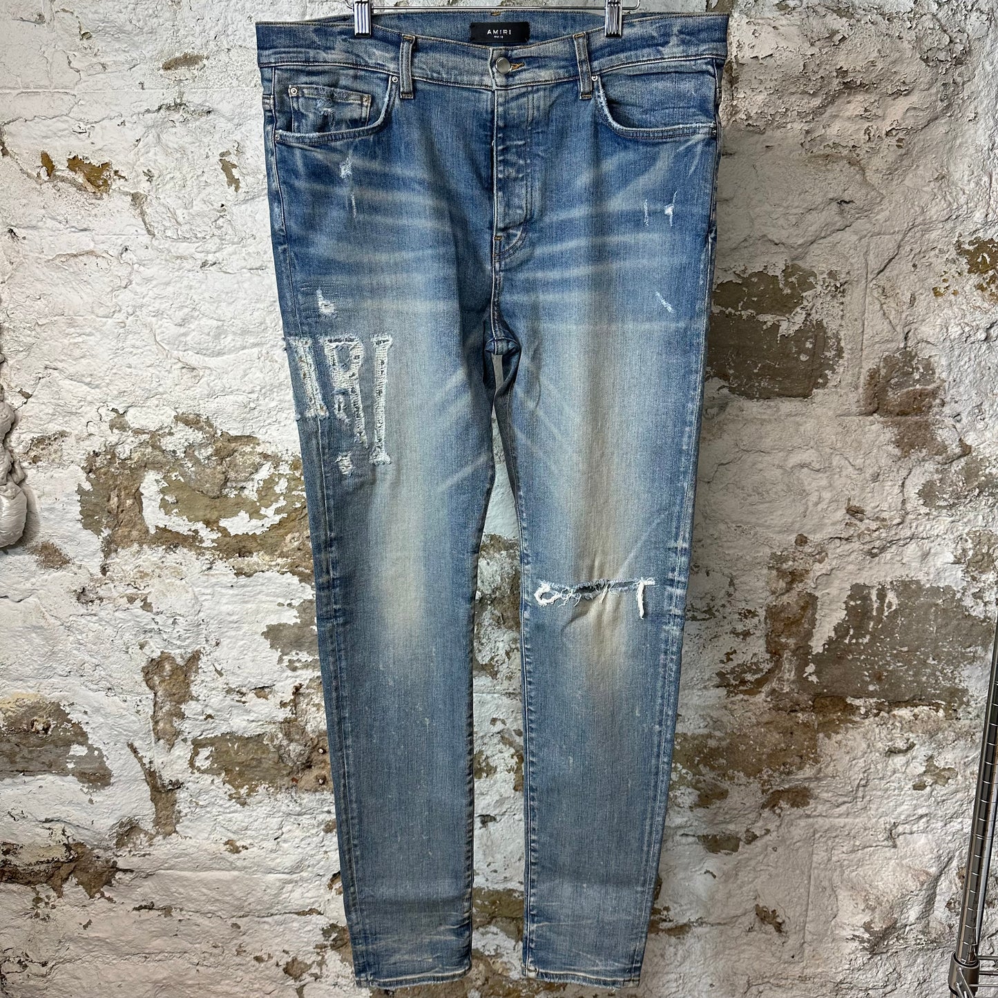 Amiri Distressed Side Spell Blue Denim Jeans Sz 38