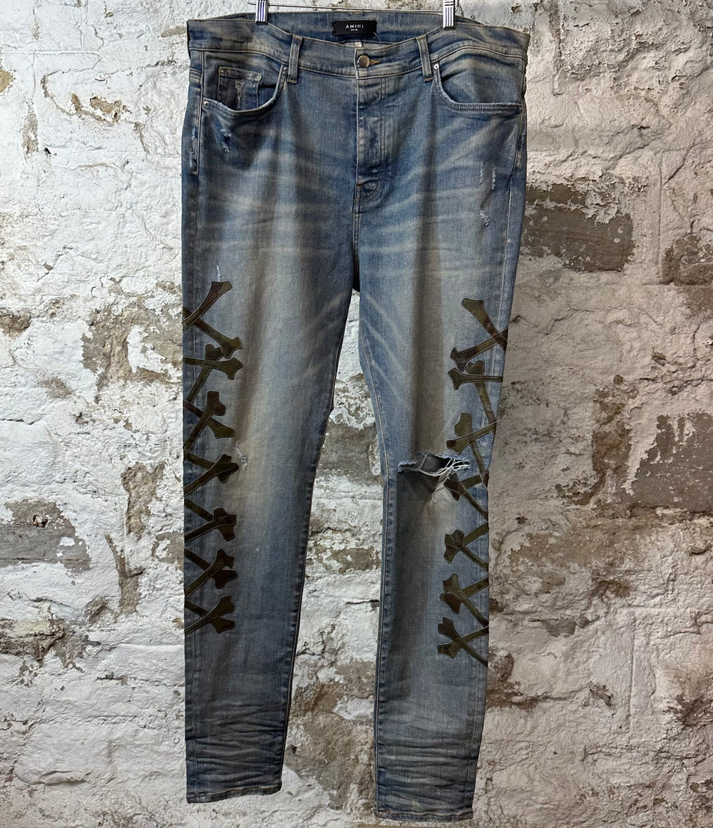 Amiri Green Camo Bones Blue Denim Jeans Sz 40