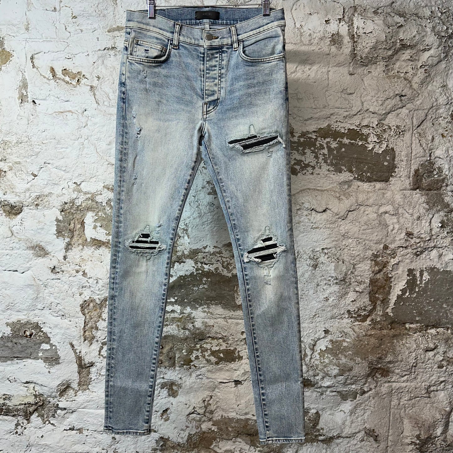 Amiri MX1 Black Leather Washed Blue Denim Jeans Sz 31