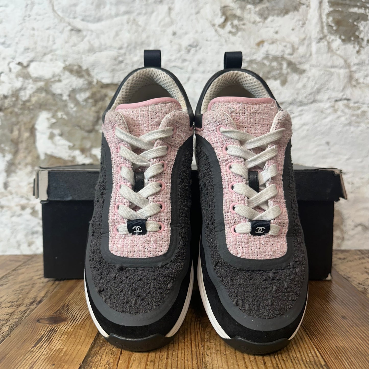 Chanel CC Pink Grey Black Tweed Trainer Sneaker Sz 6 (38)