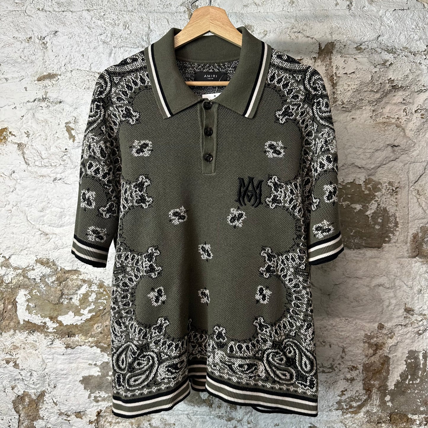 Amiri Olive Paisley Knit Polo Shirt Sz M