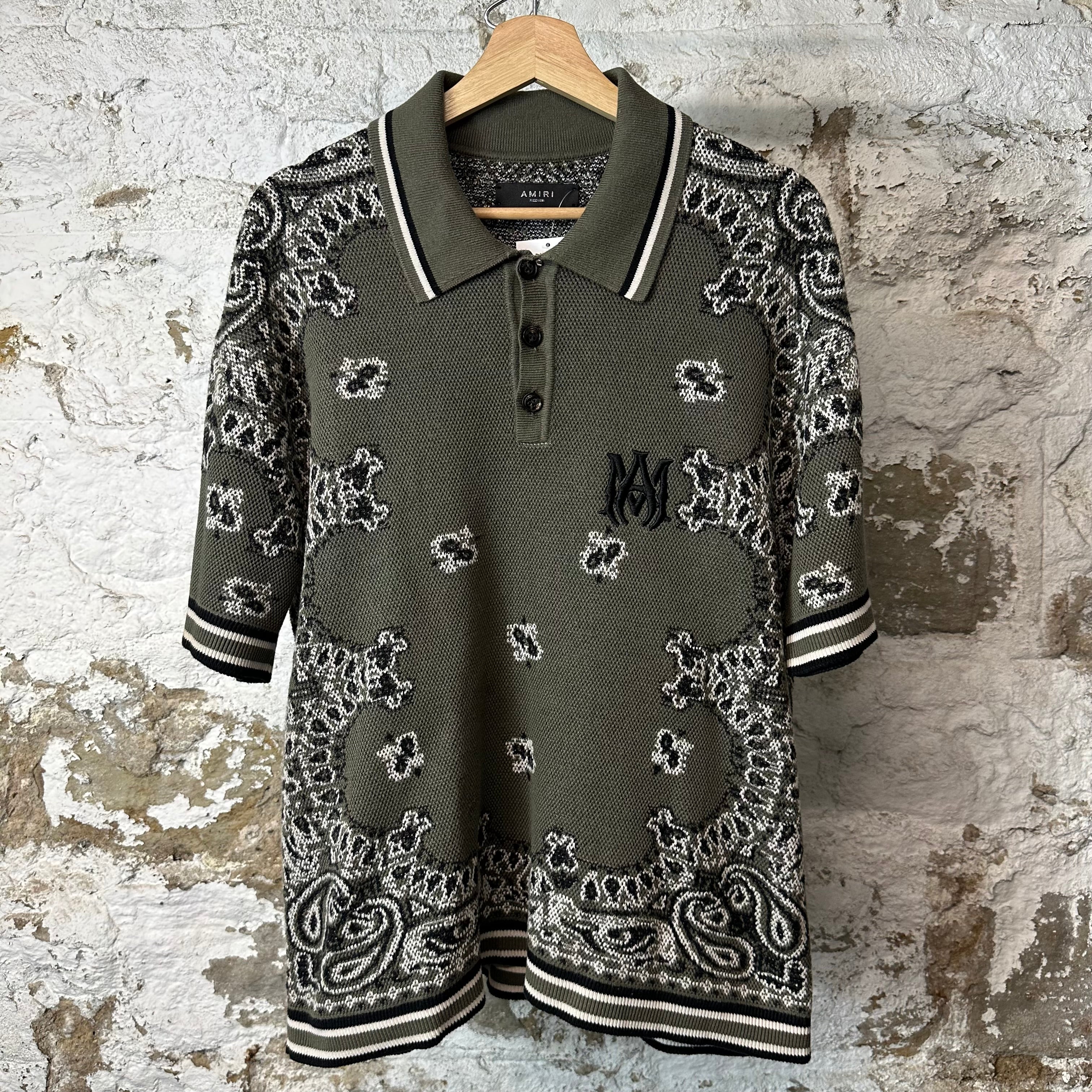 Amiri Olive Paisley Knit Polo Shirt Sz M