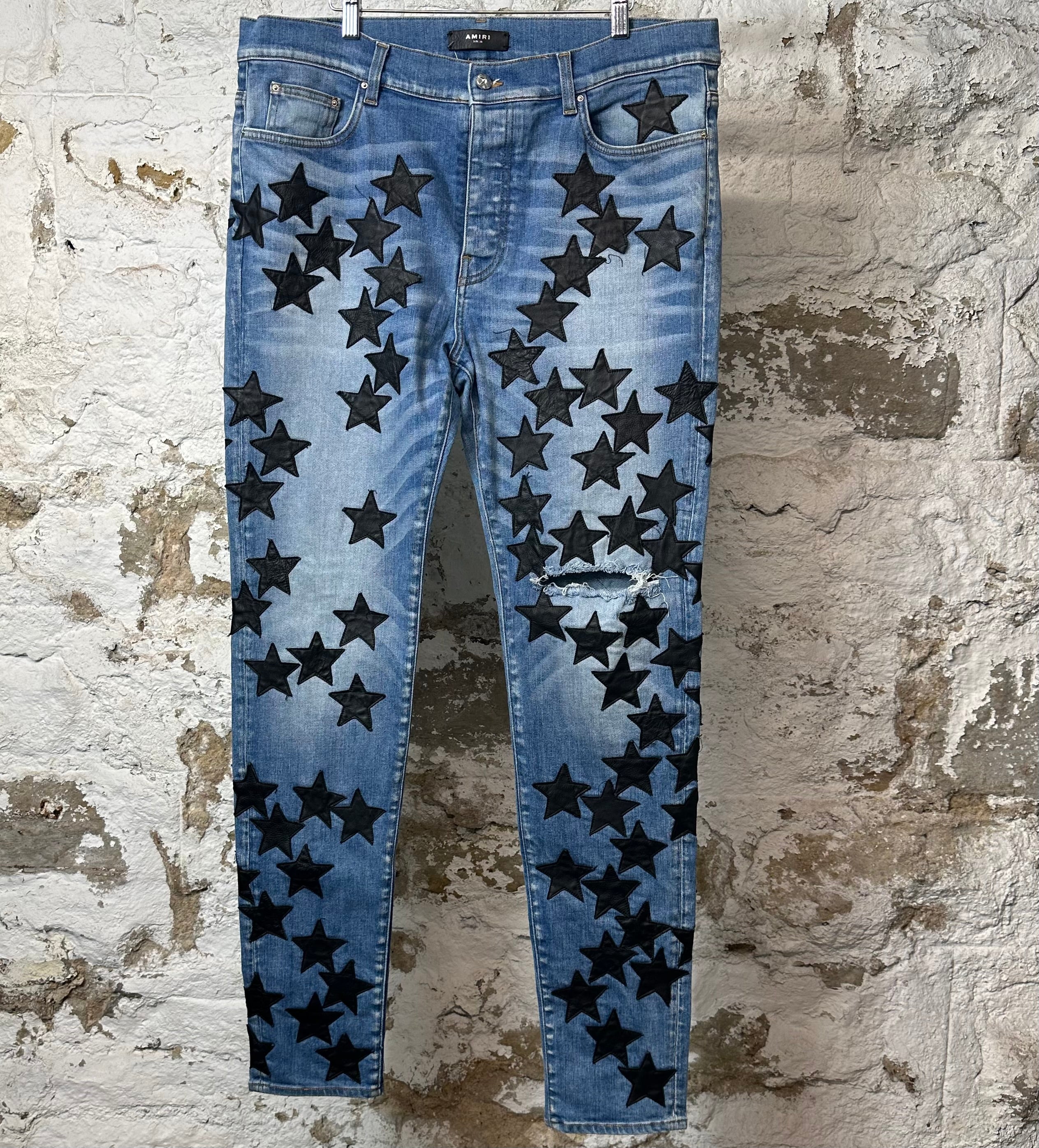 Amiri Black Leather Star Chemist Blue Denim Jeans Sz 38