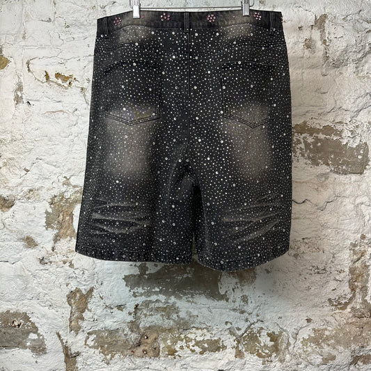 Vale Iced Out Pink Black Jean Shorts Sz 36