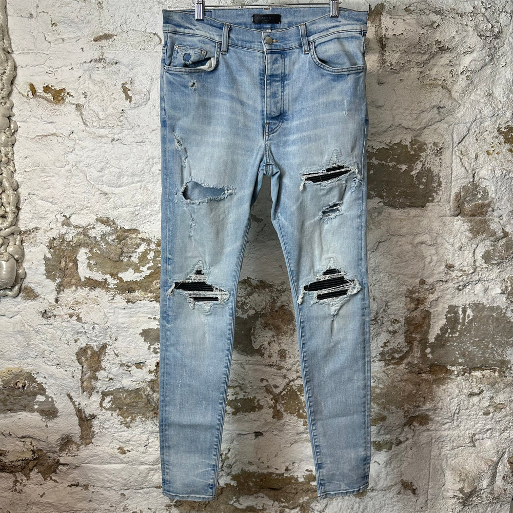 Amiri MX1 Black Leather Blue Denim Jeans Sz 34