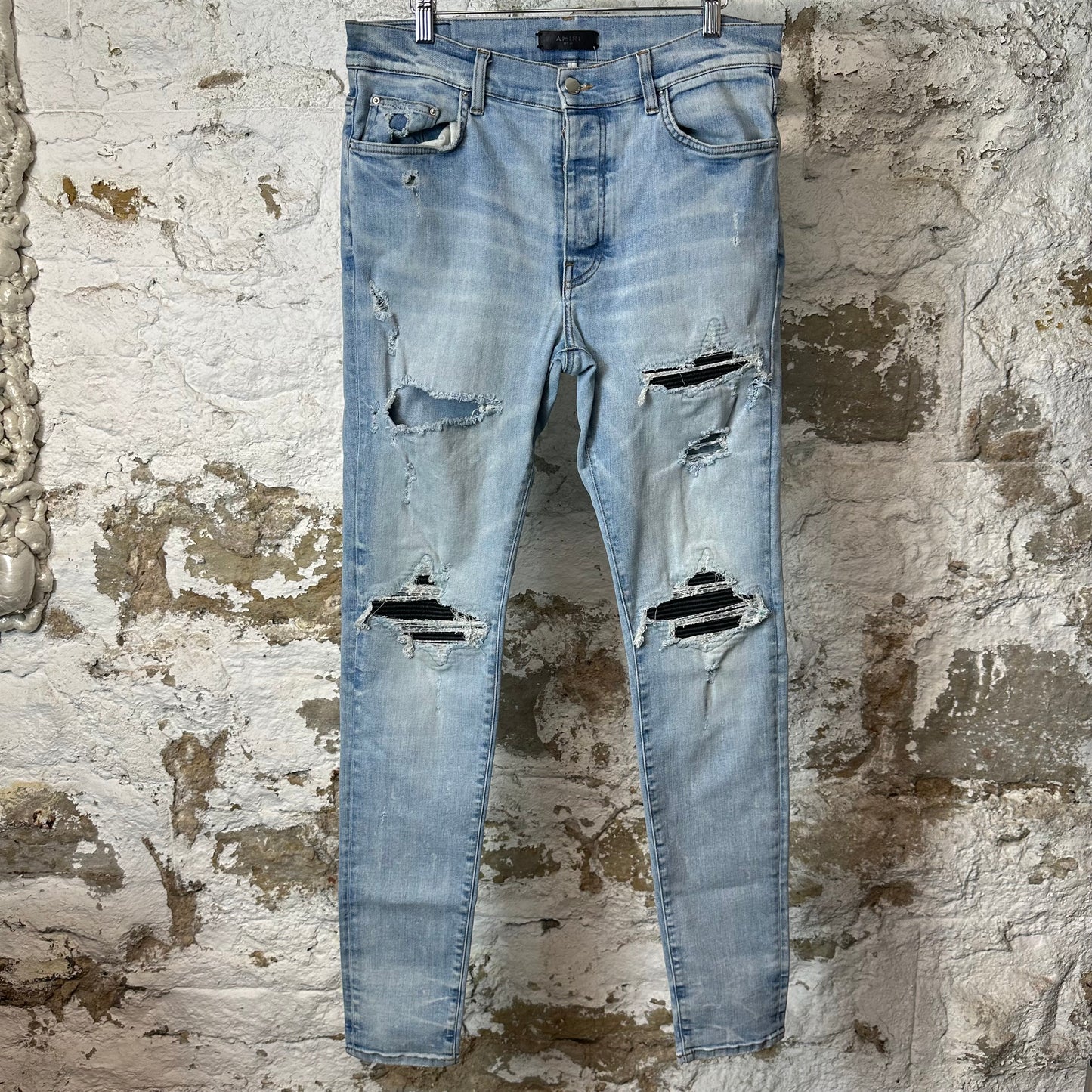 Amiri MX1 Black Leather Blue Denim Jeans Sz 34