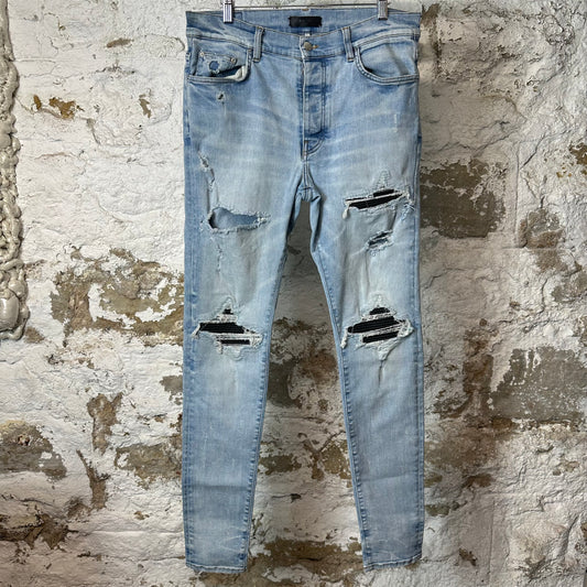Amiri MX1 Black Leather Blue Denim Jeans Sz 34