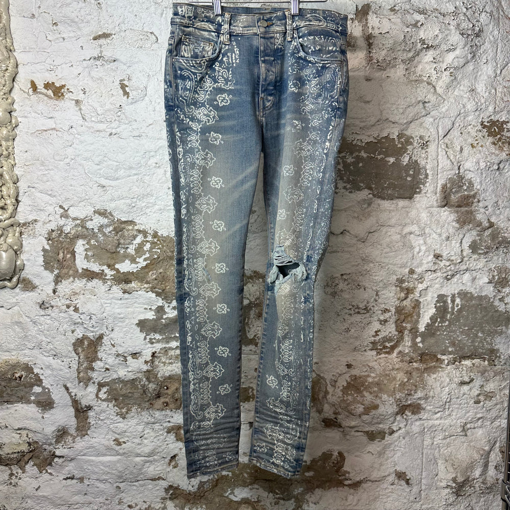 Amiri White Paisley Print Blue Denim Jeans Sz 32