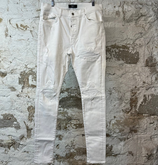 Amiri MX1 White Leather White Denim Jeans Sz 36