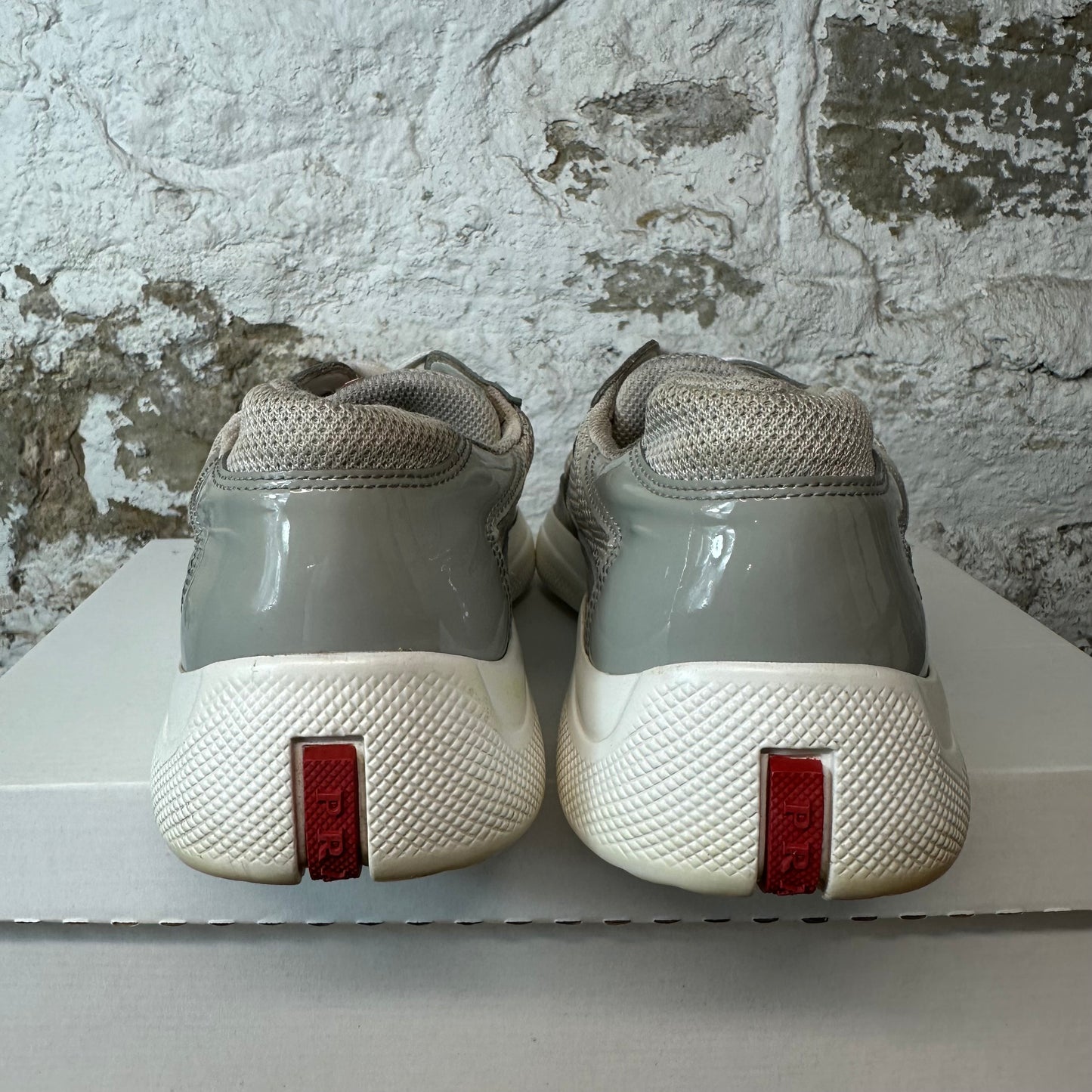 Prada Americas Cup Grey Patent White Sneaker Sz 7.5