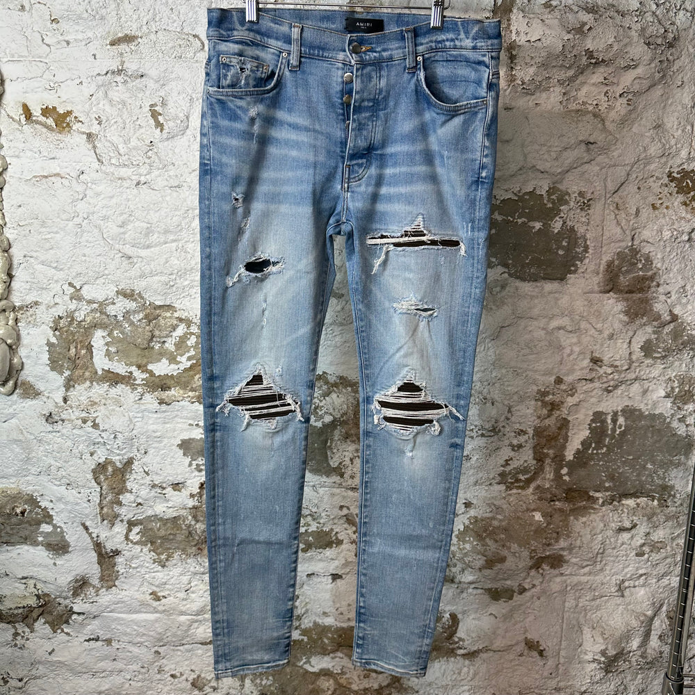 Amiri MX1 Brown Suede Blue Denim Jeans Sz 34