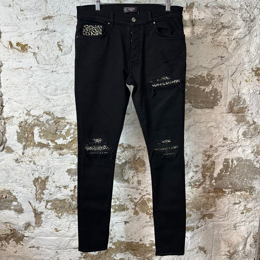 Amiri MX1 Cheetah Print Black Denim Jeans Sz 32