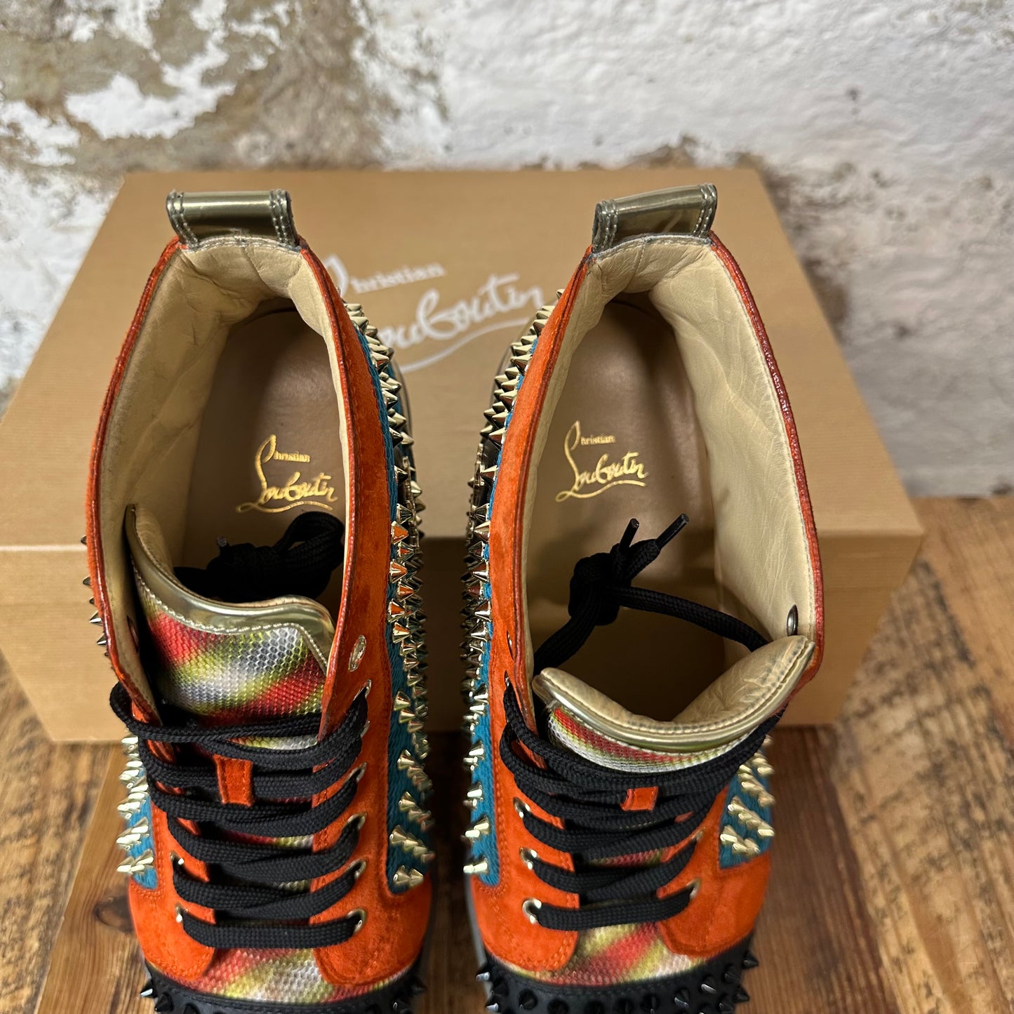 Christian Louboutin High Teal Orange Spike Sneaker Sz 8.5 (41.5)