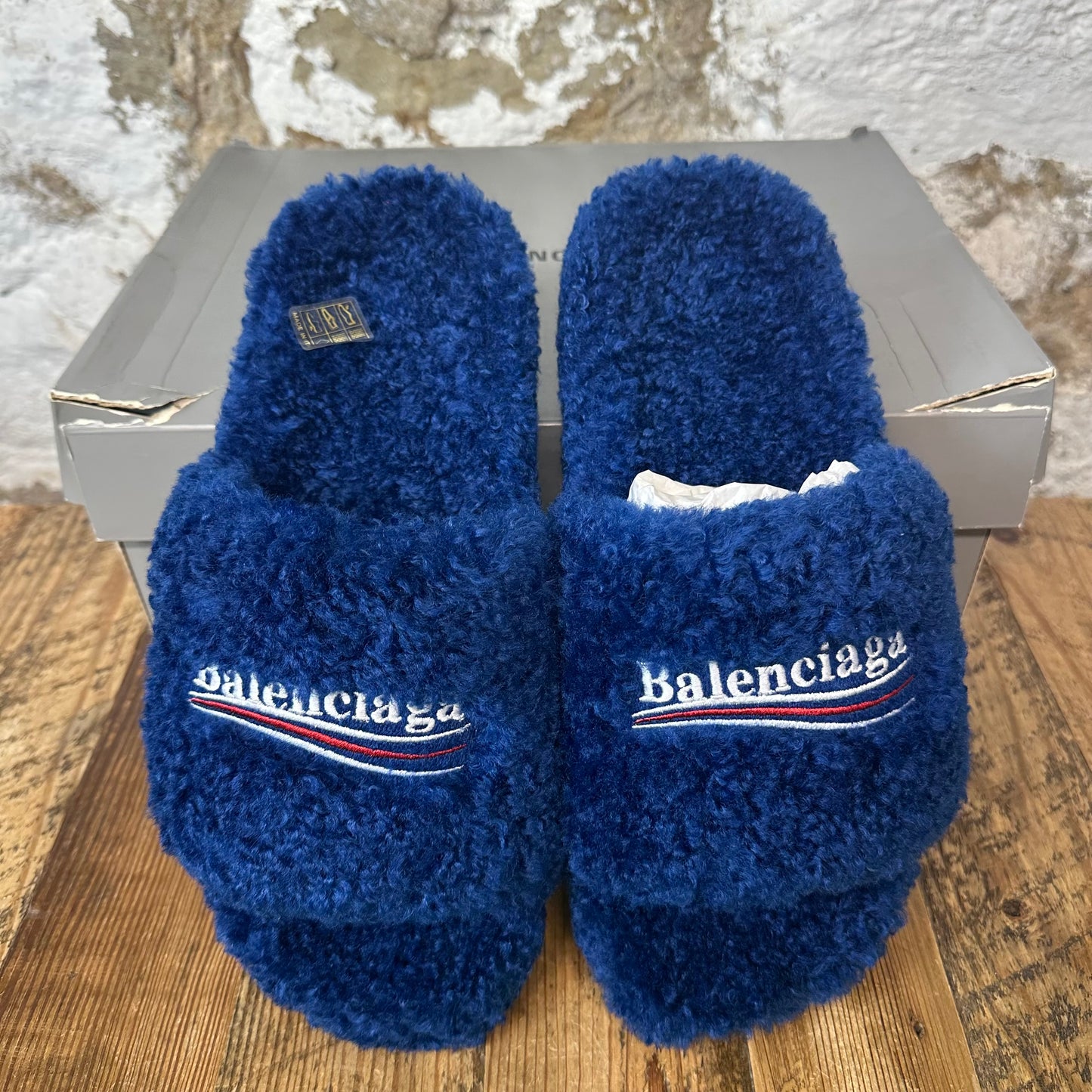 Balenciaga Political Blue Furry Slide