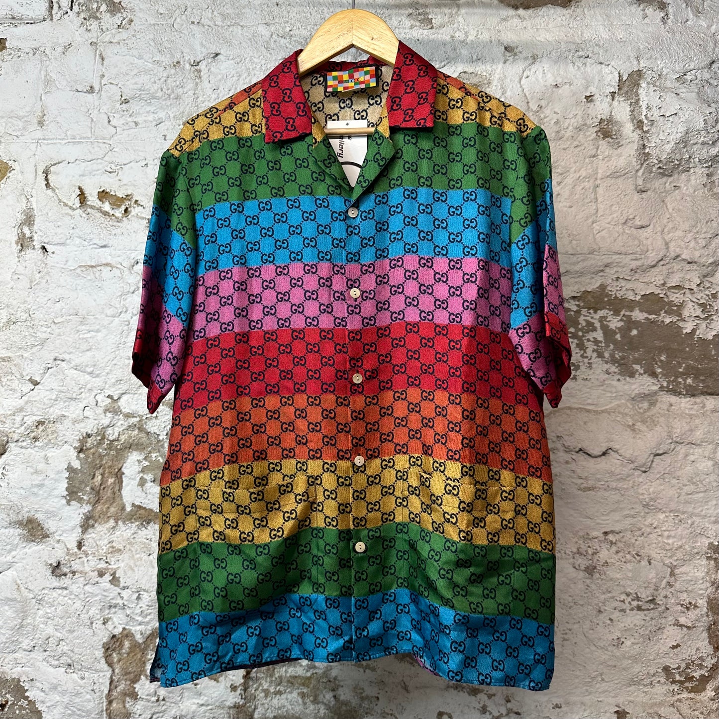 Gucci GG Monogram Rainbow Silk Button Up Shirt Sz S