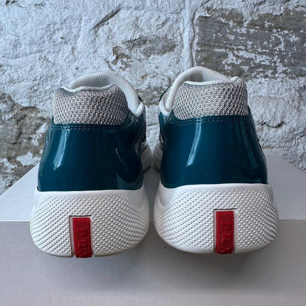 Prada Americas Cup Lagoon Patent Grey White Sneaker Sz 9 DS