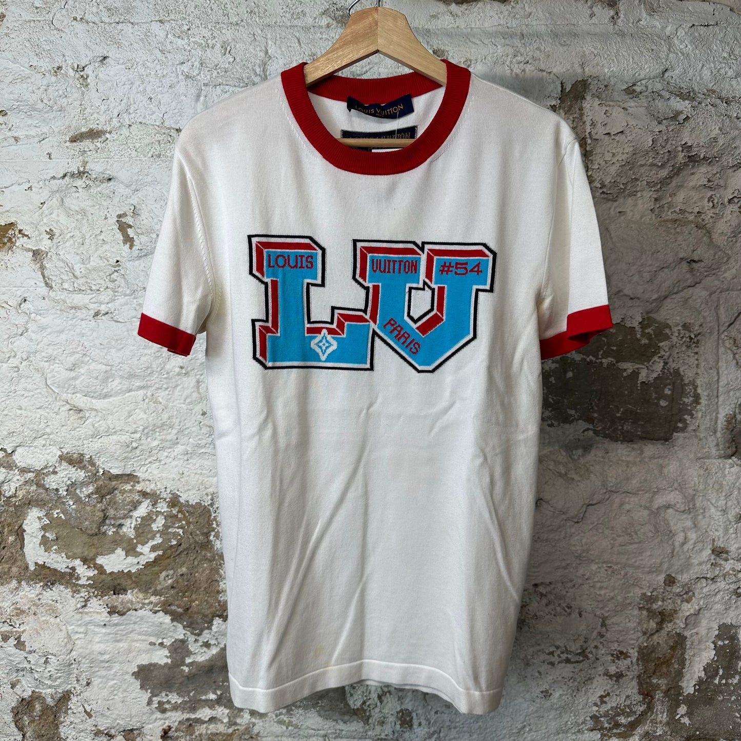 Louis Vuitton Blue Red Intarsia Logo Ringer White T-Shirt Sz S