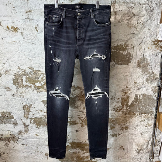 Amiri MX1 Black Leather Grey Denim Jeans Sz 38