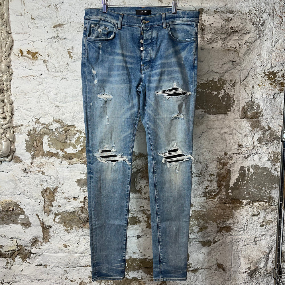 Amiri MX1 Black Leather Blue Denim Jeans Sz 36