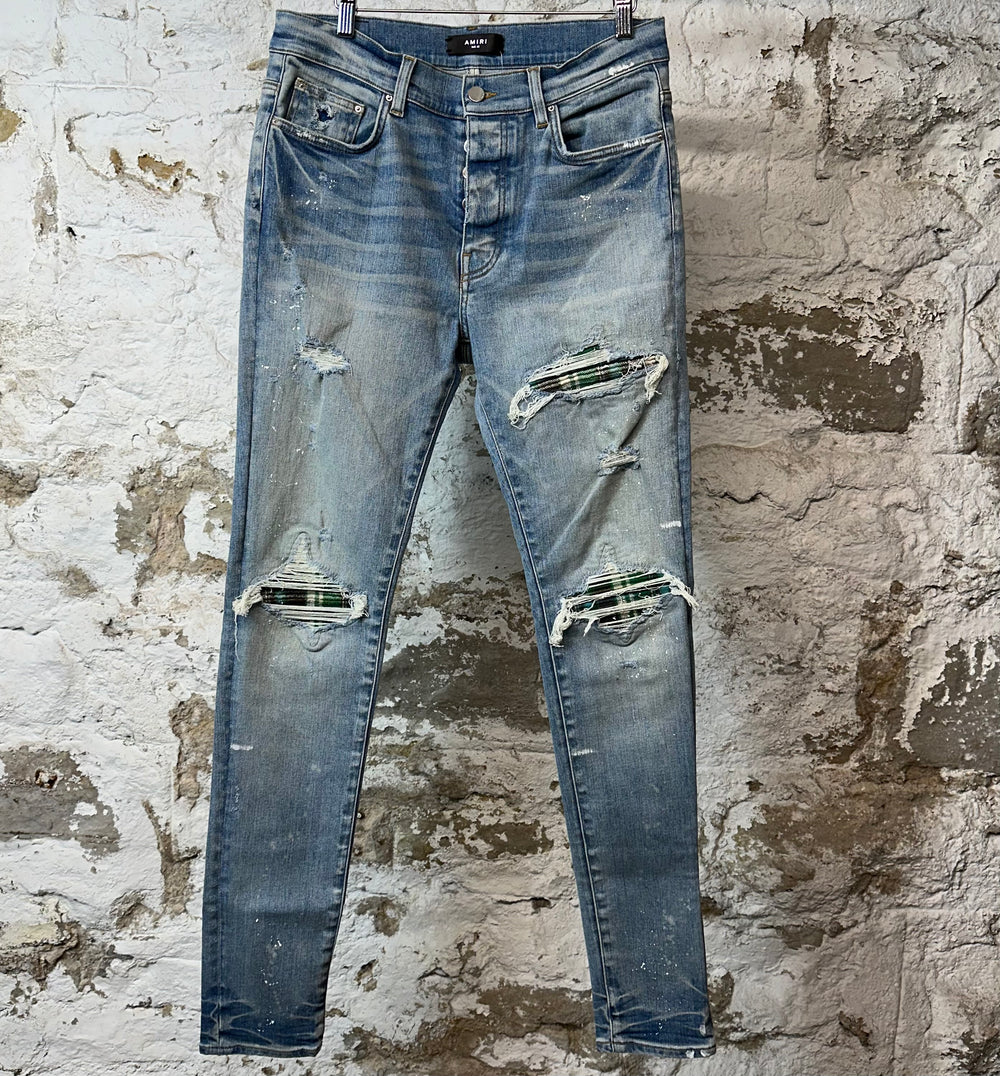 Amiri MX1 Green Plaid Flannel Blue Denim Jeans Sz 33