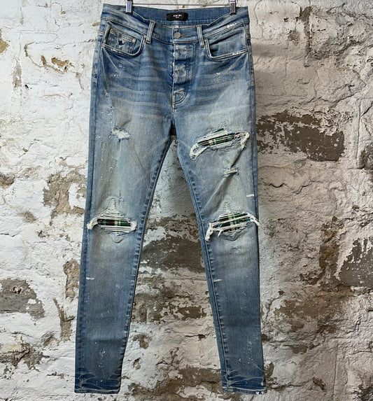 Amiri MX1 Green Plaid Flannel Blue Denim Jeans Sz 33