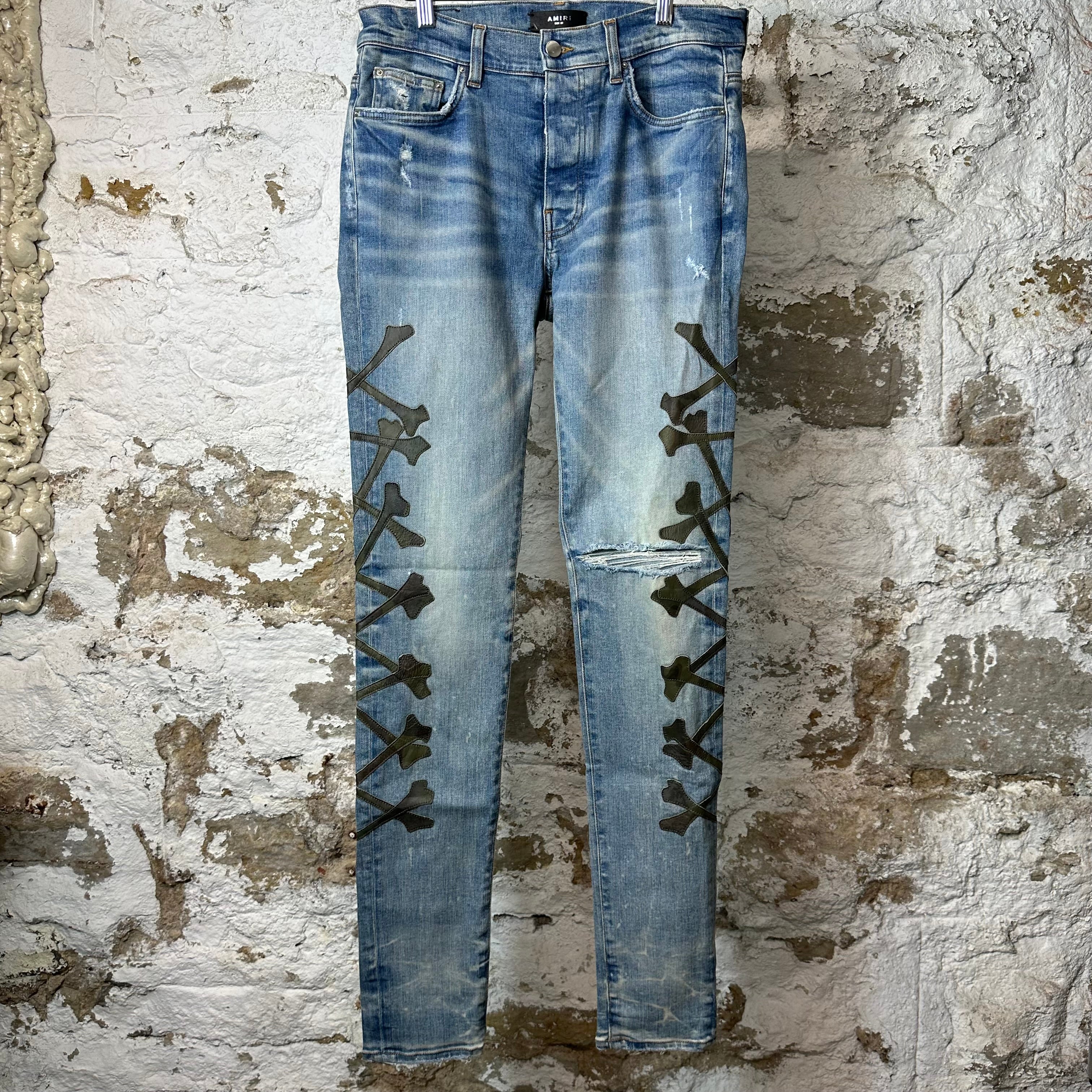 Amiri Green Camo Bones Blue Denim Jeans Sz 32