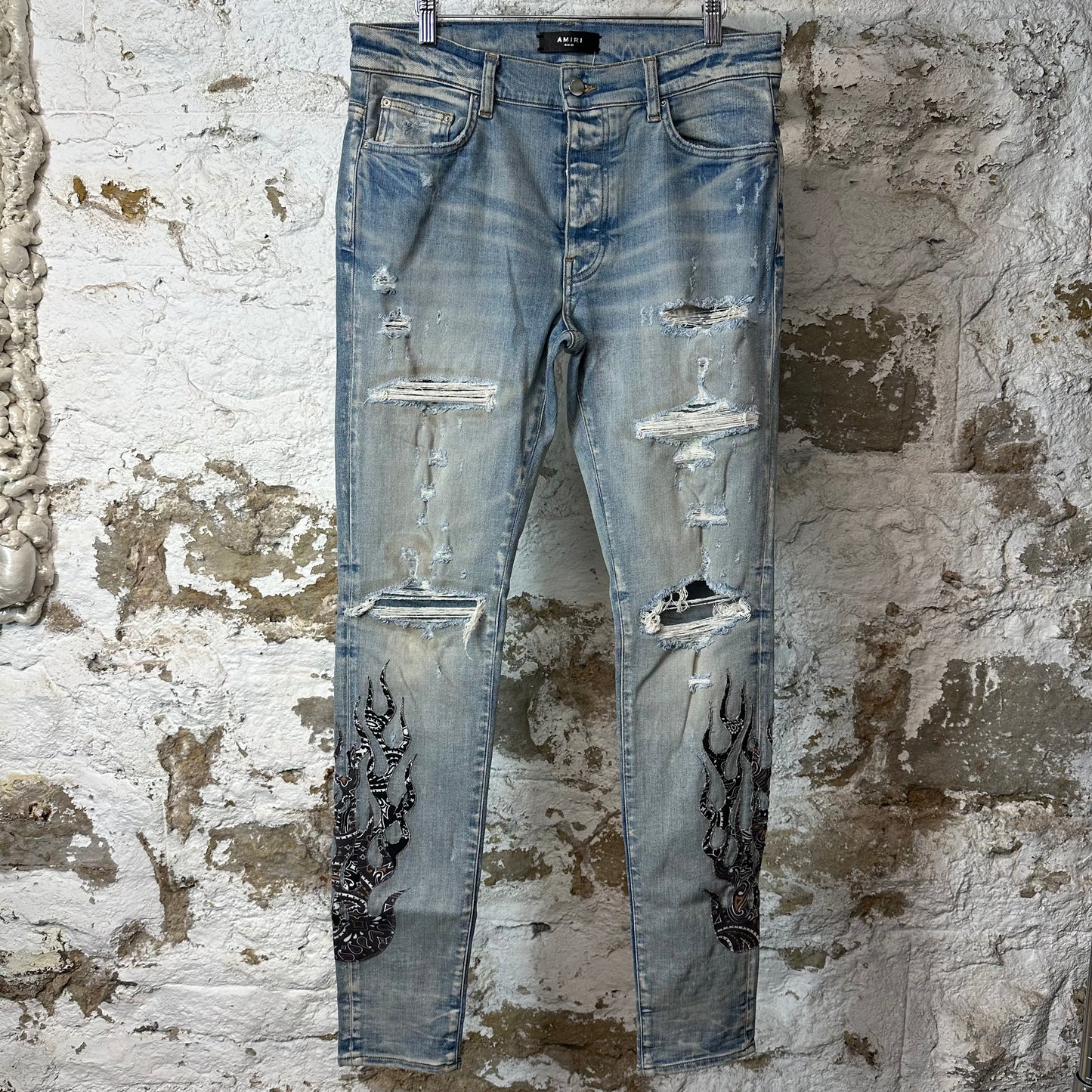 Amiri Black Brown Paisley Flame Blue Denim Jeans Sz 32