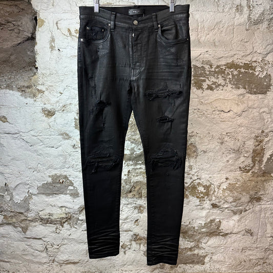 Amiri MX1 Black Leather Black Waxed Denim Jeans Sz 34