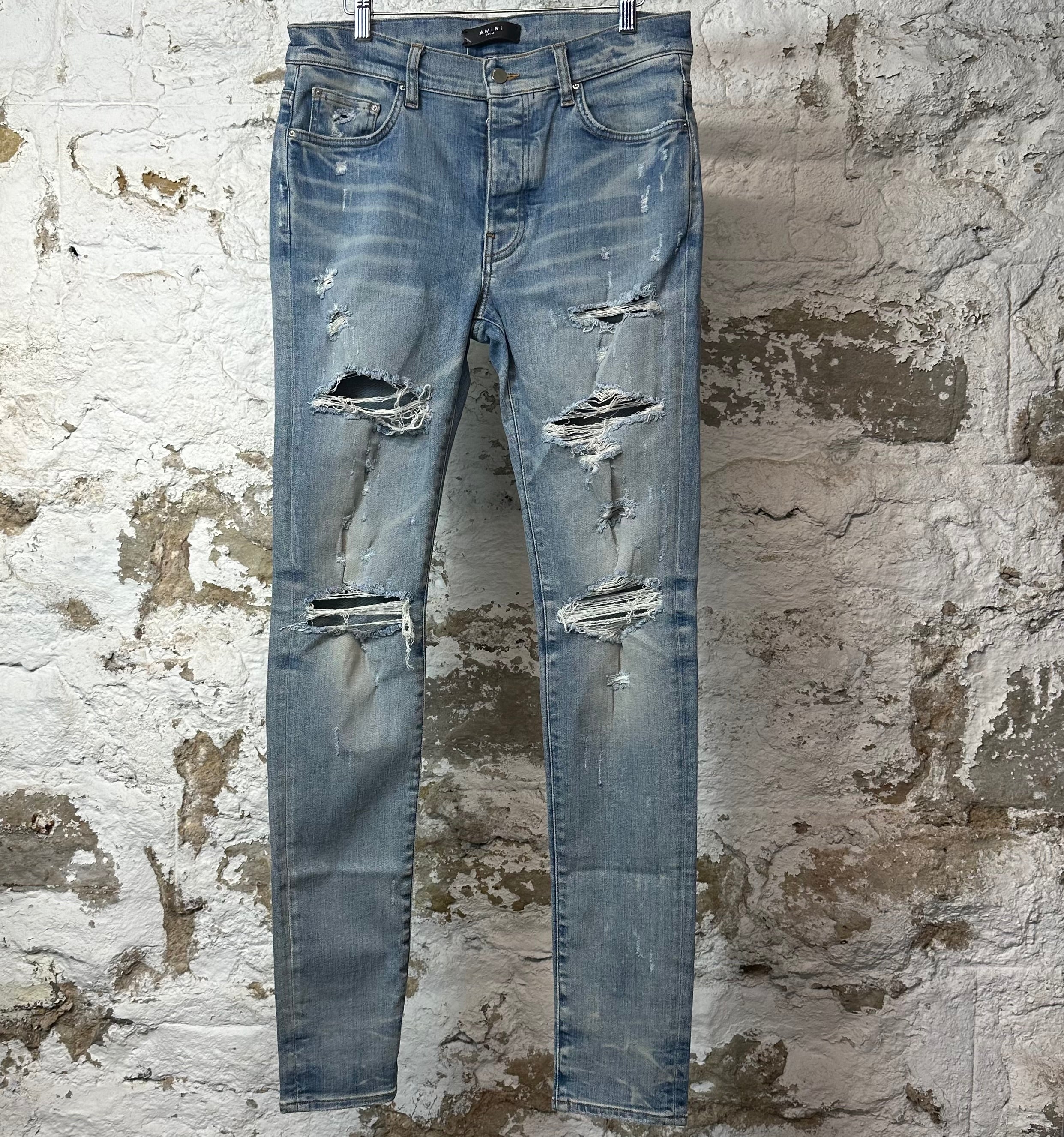 Amiri Plain Blue Distressed Denim Jeans Sz 32