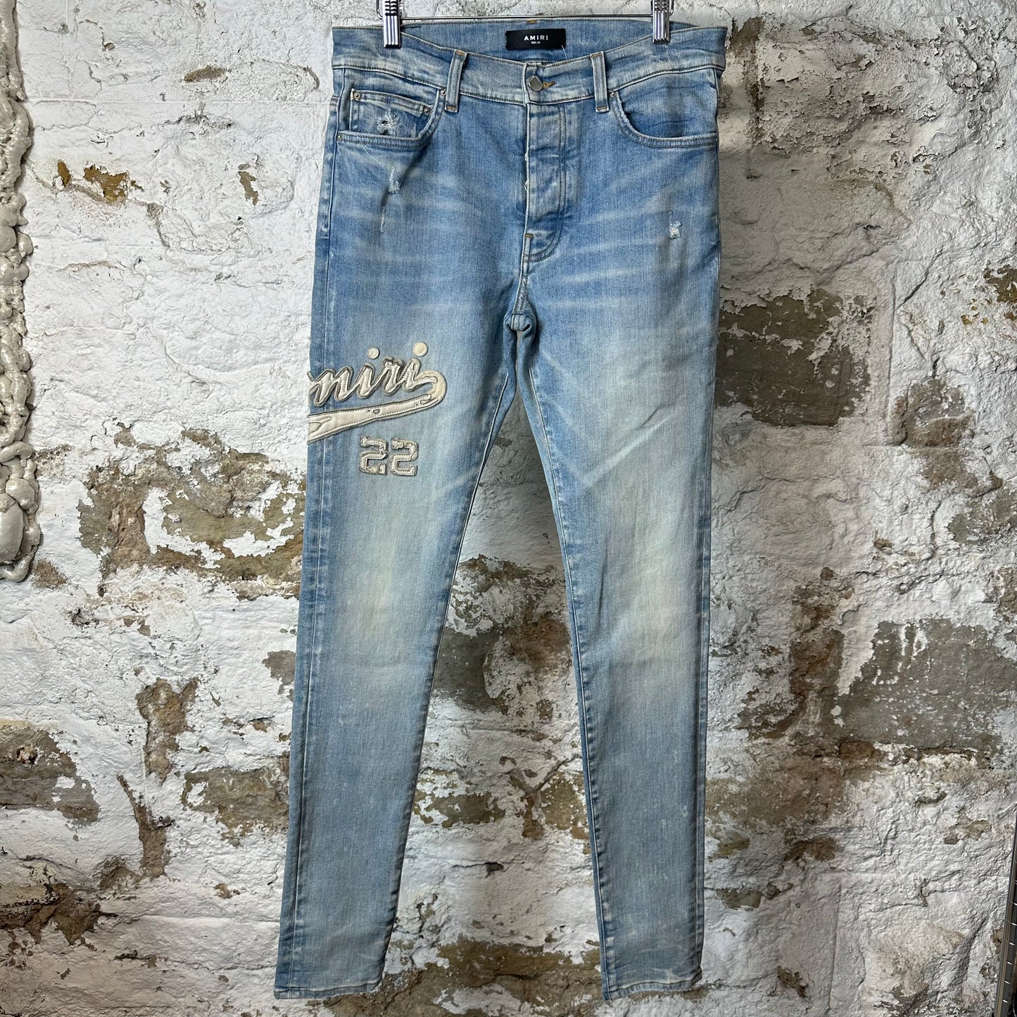 Amiri Varsity 22 Patch Blue Denim Jeans Sz 32