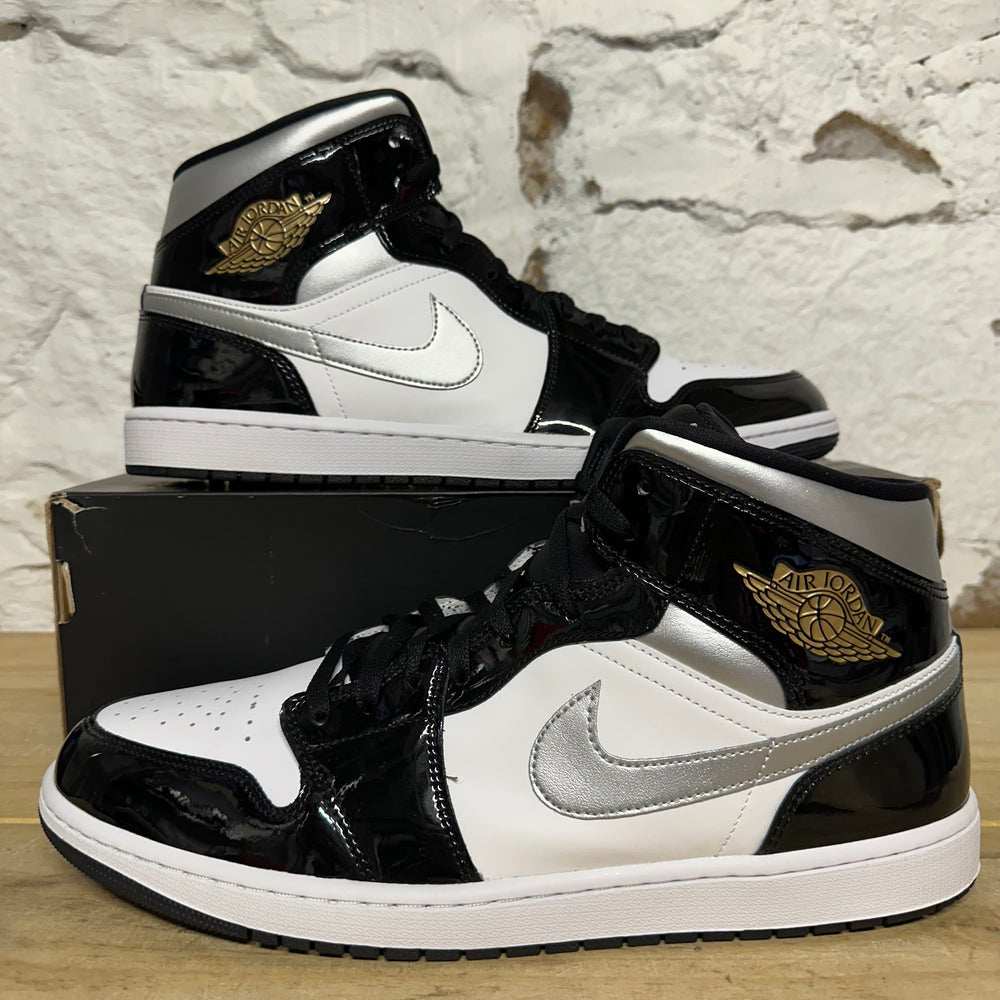 Air Jordan 1 Mid Patent Black Silver Sz 15