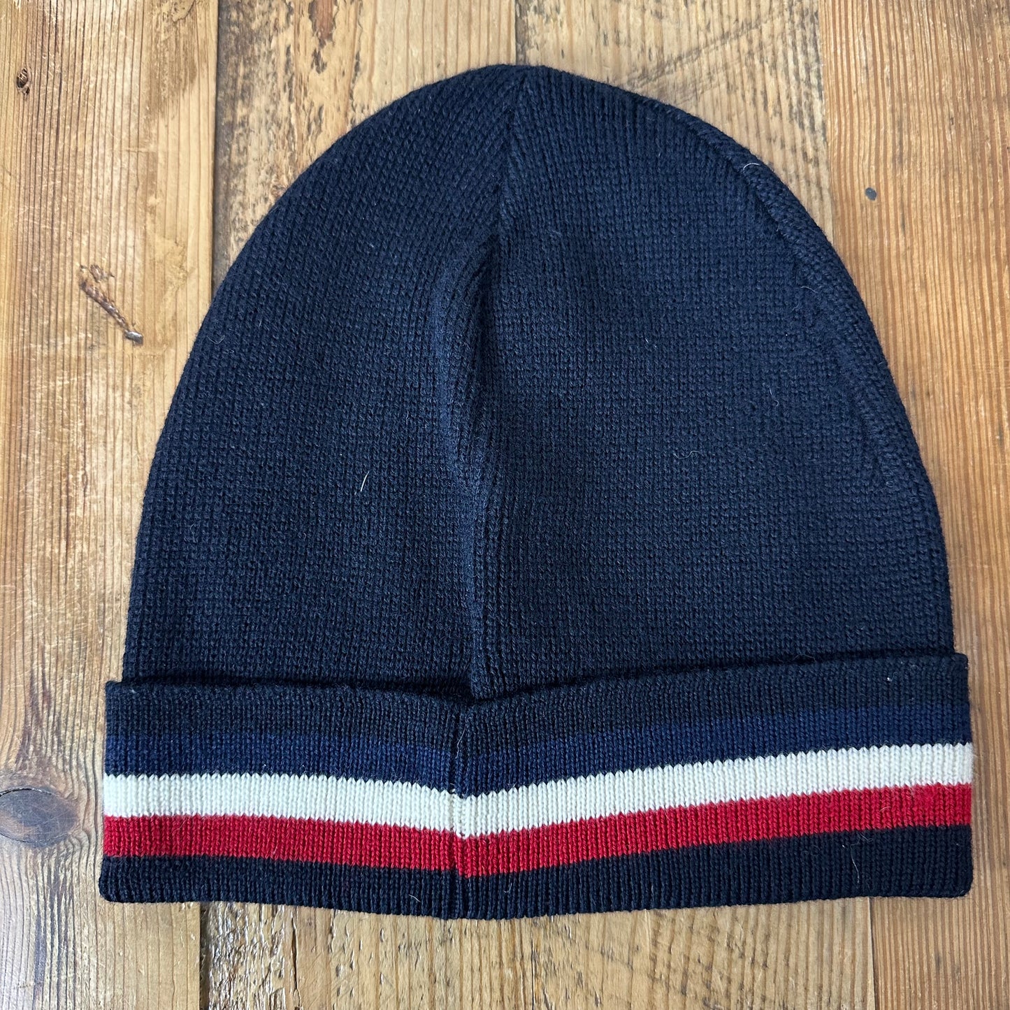 Moncler Small Logo Stripe Navy Beanie