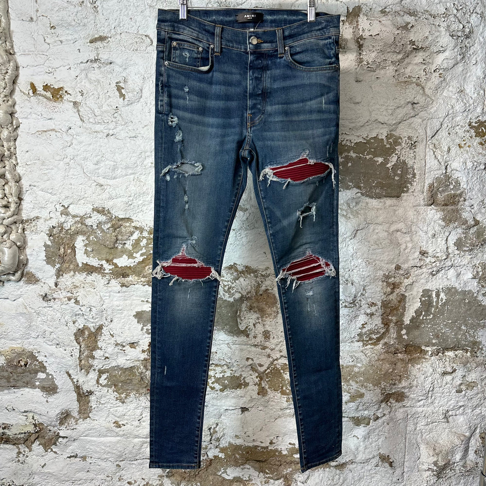 Amiri MX1 Maroon Suede Dark Blue Denim Jeans Sz 32