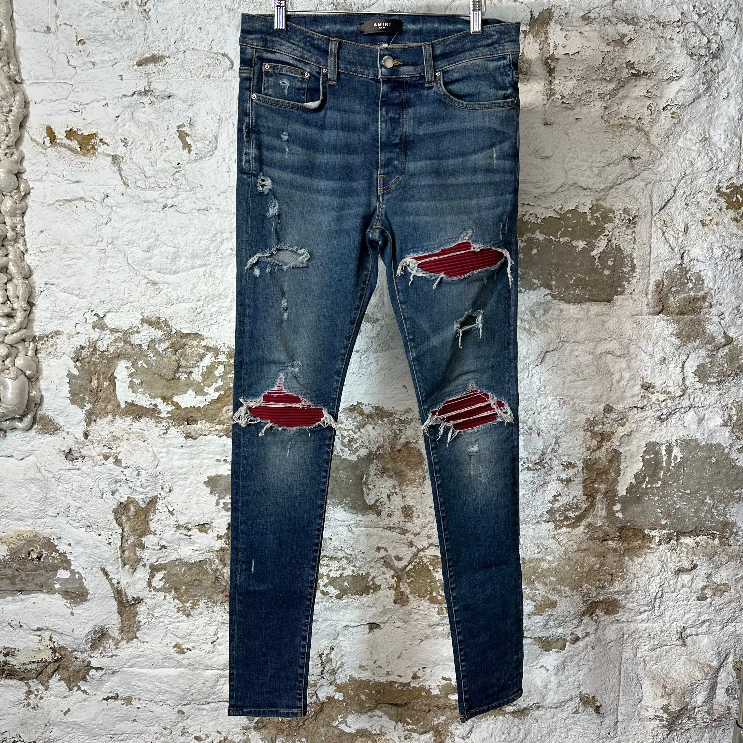 Amiri MX1 Maroon Suede Dark Blue Denim Jeans Sz 32