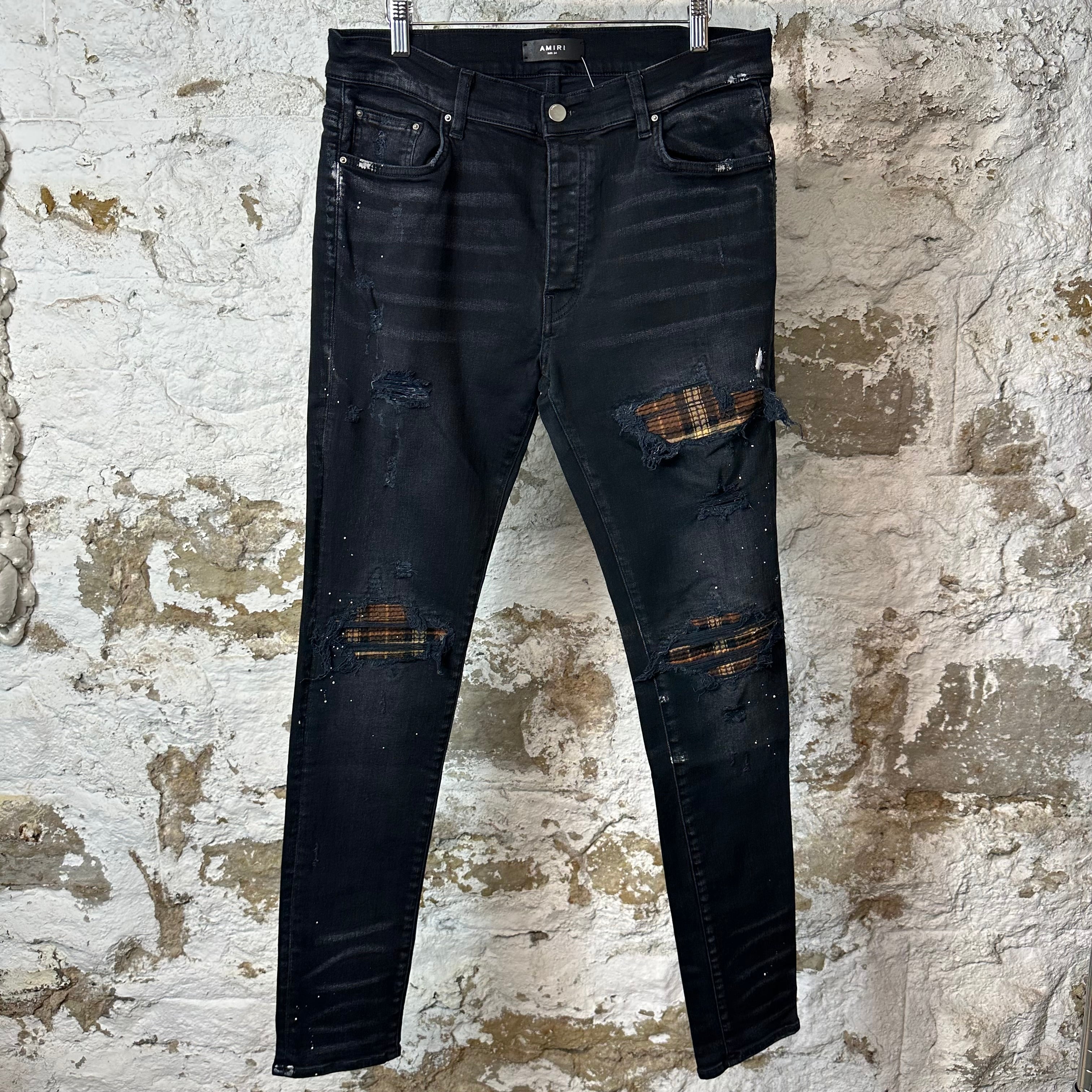 Amiri MX1 Brown Plaid Flannel Black Denim Jeans Sz 34