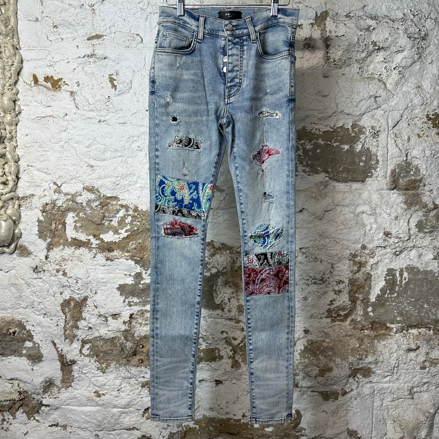 Amiri Multicolor Paisley Patches Washed Blue Denim Jeans Sz 29