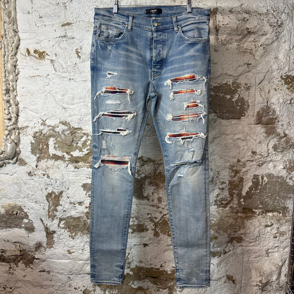 Amiri MX1 Multicolor Flannel Blue Denim Jeans Sz 34