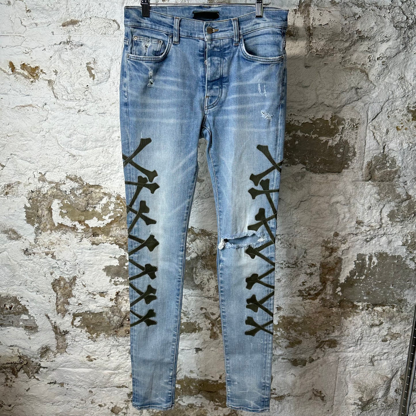 Amiri Green Camo Bones Blue Denim Jeans Sz 30
