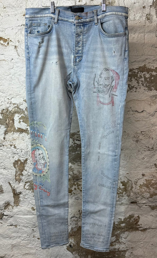 Amiri Zig Zag Logos Blue Denim Jeans Sz 36