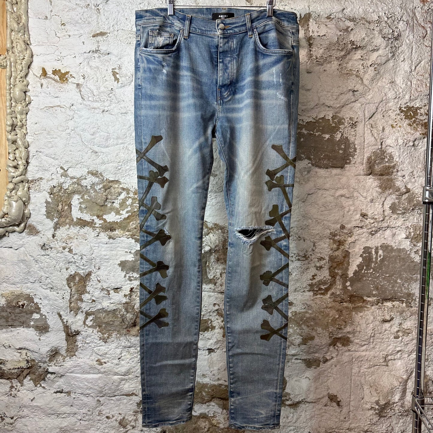 Amiri Green Camo Bones Blue Denim Jeans Sz 38