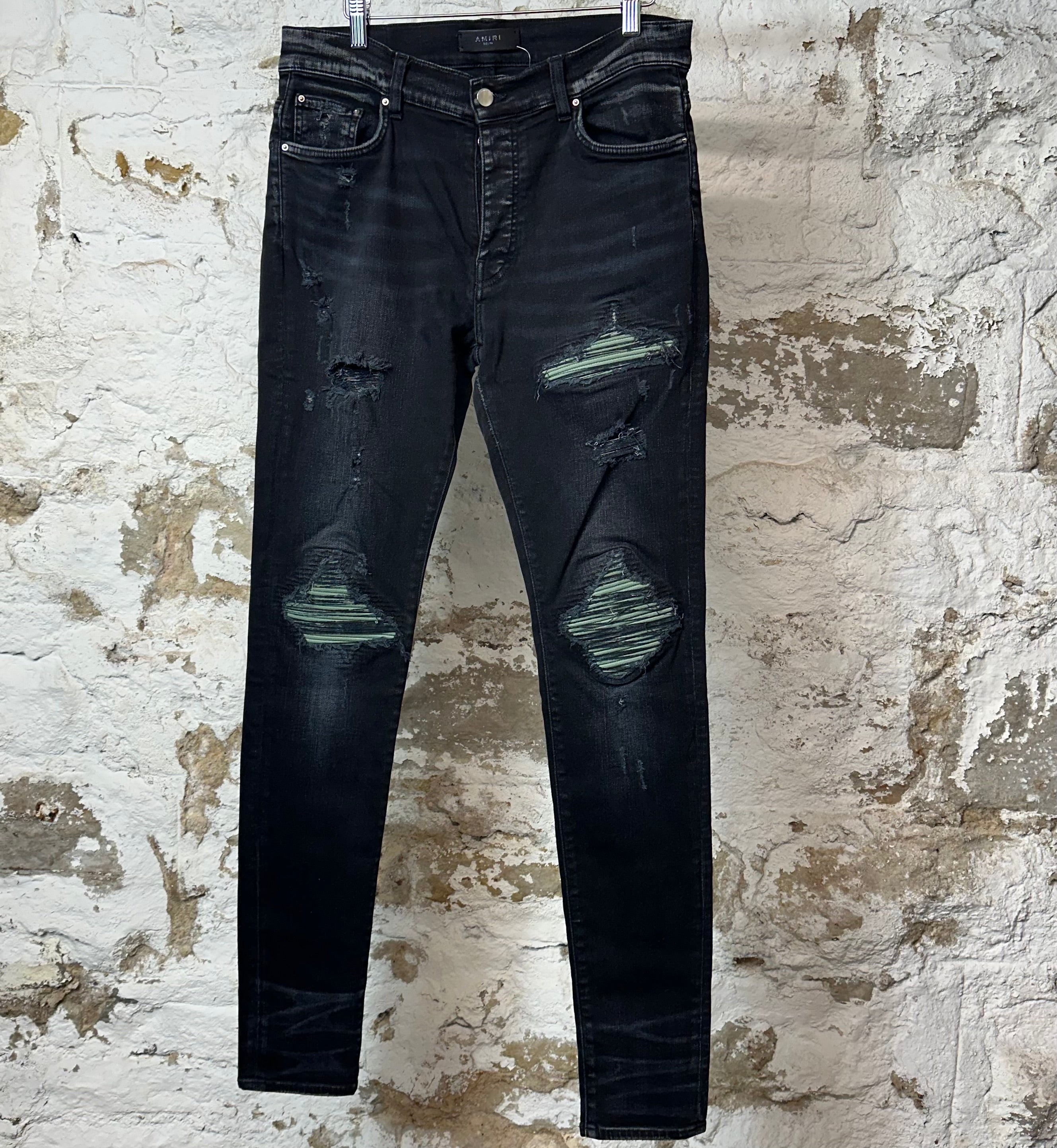 Amiri MX1 Green Suede Black Denim Jeans Sz 32