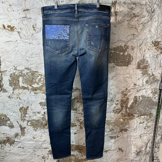 Amiri MX1 Blue Paisley Art Patch Dark Blue Denim Jeans Sz 36