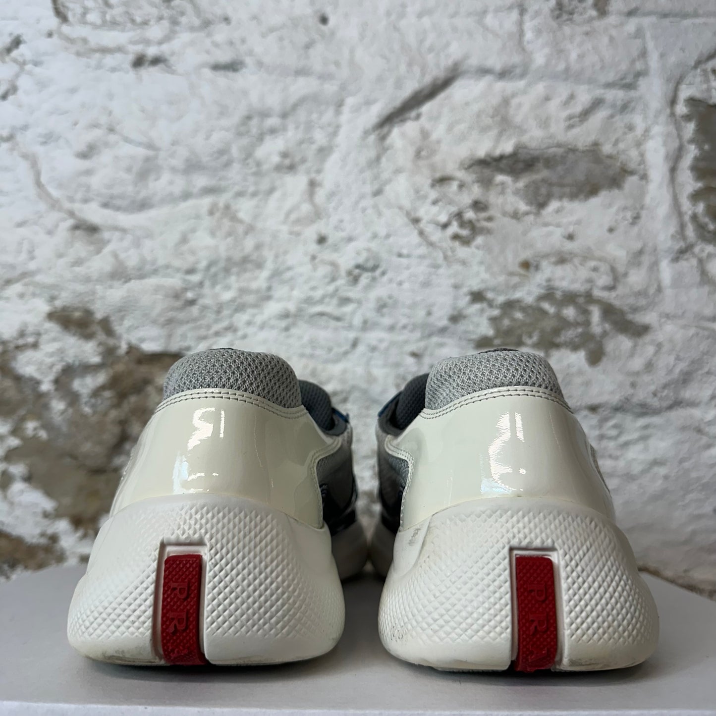 Prada Americas Cup Dark Blue Patent Grey White Sneaker Sz 7