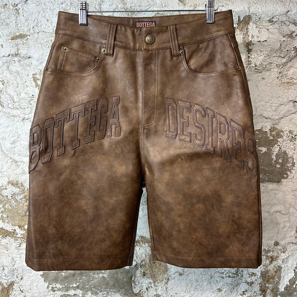 Bottega Desires Leather Spellout Shorts Brown Sz 30